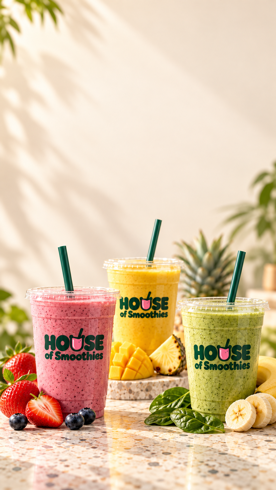 Three House of Smoothies cups (pink berry, mango and green) with fresh fruit on a terrazzo table