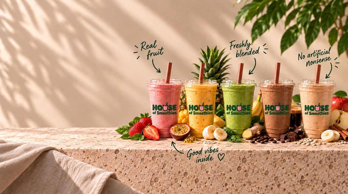 House of Smoothies cups with fresh fruit on a terrazzo table: real fruit, freshly blended, no artificial nonsense, good vibes inside